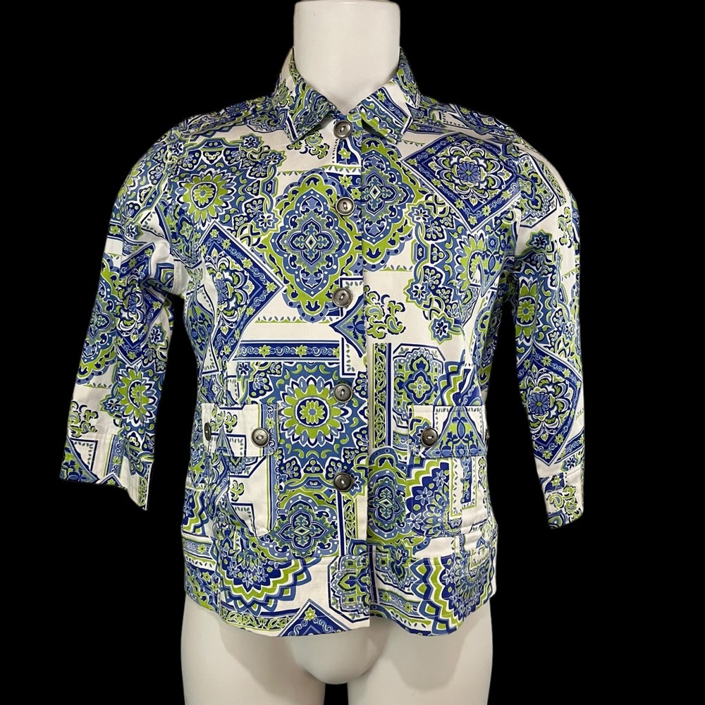 Spartelle Blazer Jacket Womens Large Button Up Blue Green Multicolor Stretch 461